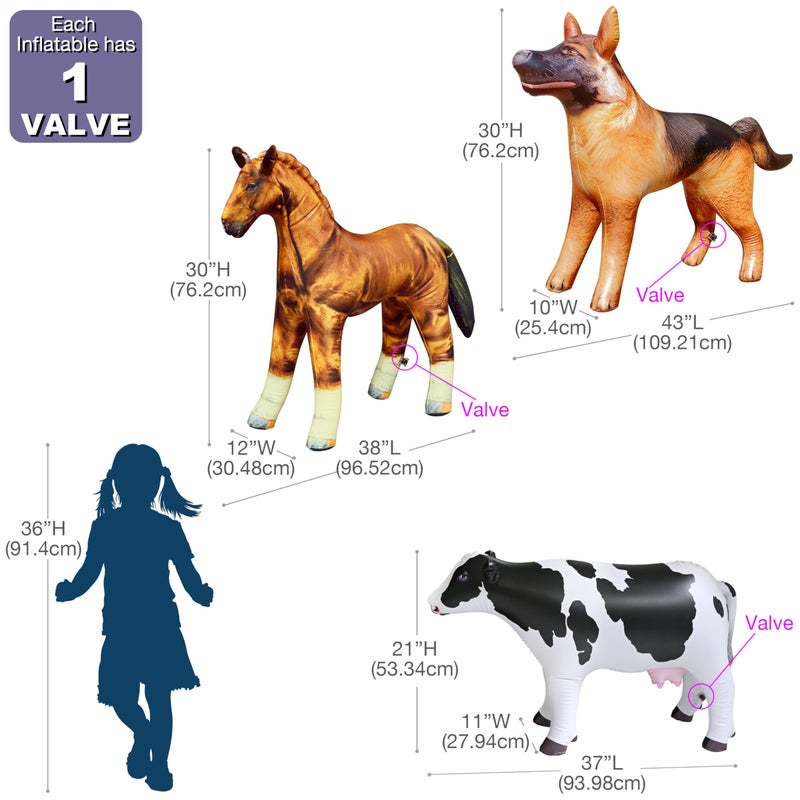 Jet Creations Inflatable Animal Trio: Cow, Horse, German Shepherd, Realistic Livestock Animal, Pets for Party Decoration, Education, Learning, Pool, Birthday, Photo Prop, Ideal for Kids, Adults - Image 2